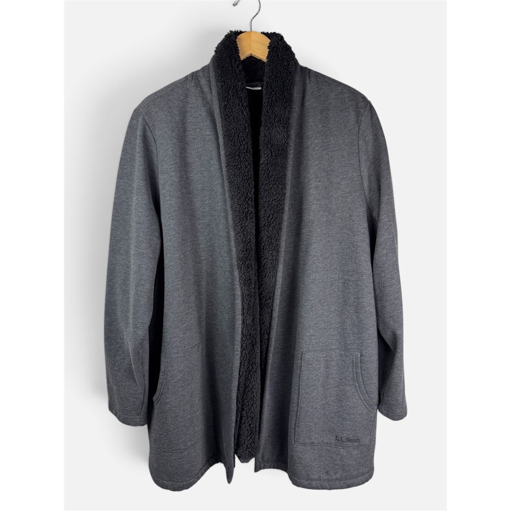 L.L. Bean Cardigan Women 2X Gray Sherpa Lined Open Front Fleece Jacket 515090